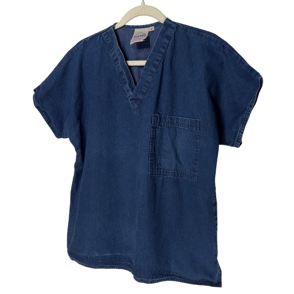 VTG S.C.R.U.B.S. Denim Top Blue V-Neck Pocket Medical Workwear‎ Size Medium